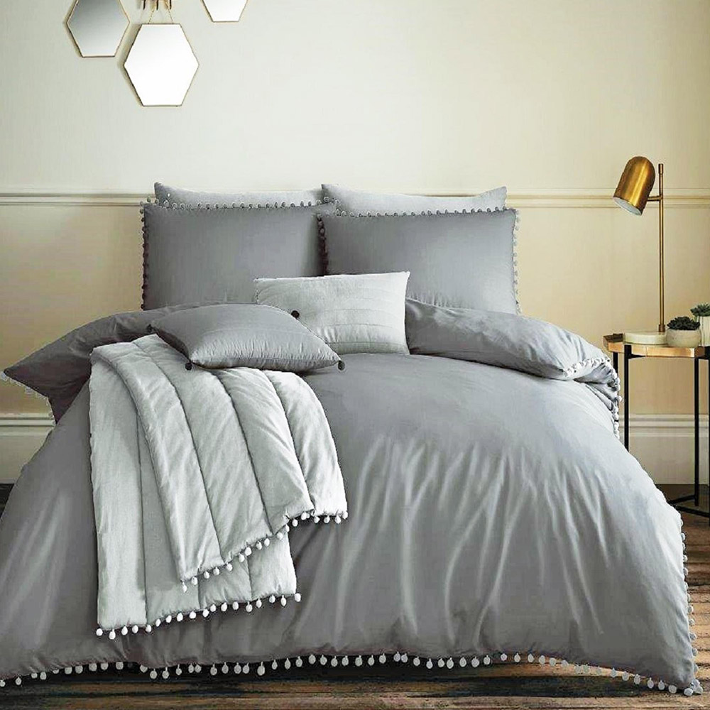 Smart Living King Size Charcoal Pom Pom Duvet Cover Set Image 1