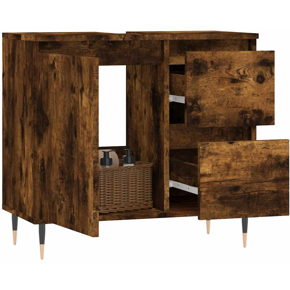 vidaXL Single Door 2 Drawer Smoked Oak Freestanding Under Sink Bathroom Cabinet Image 3