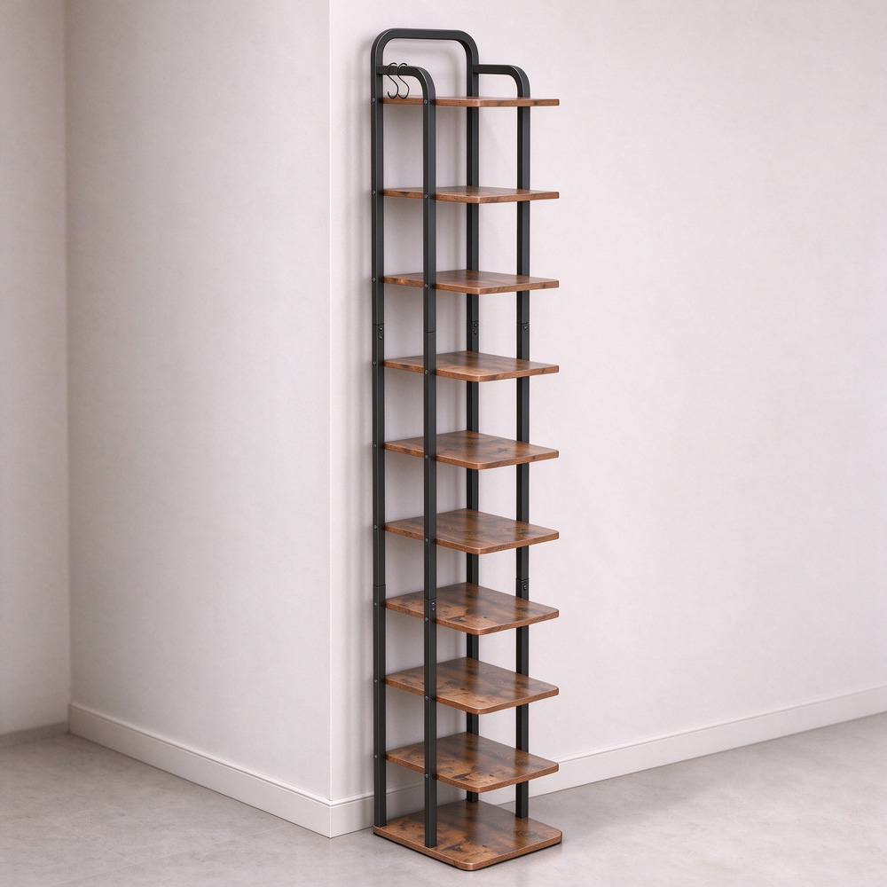 Living and Home 10 Shelf Wood Grain Finish Vintage Shoe Rack with Hooks Image 7