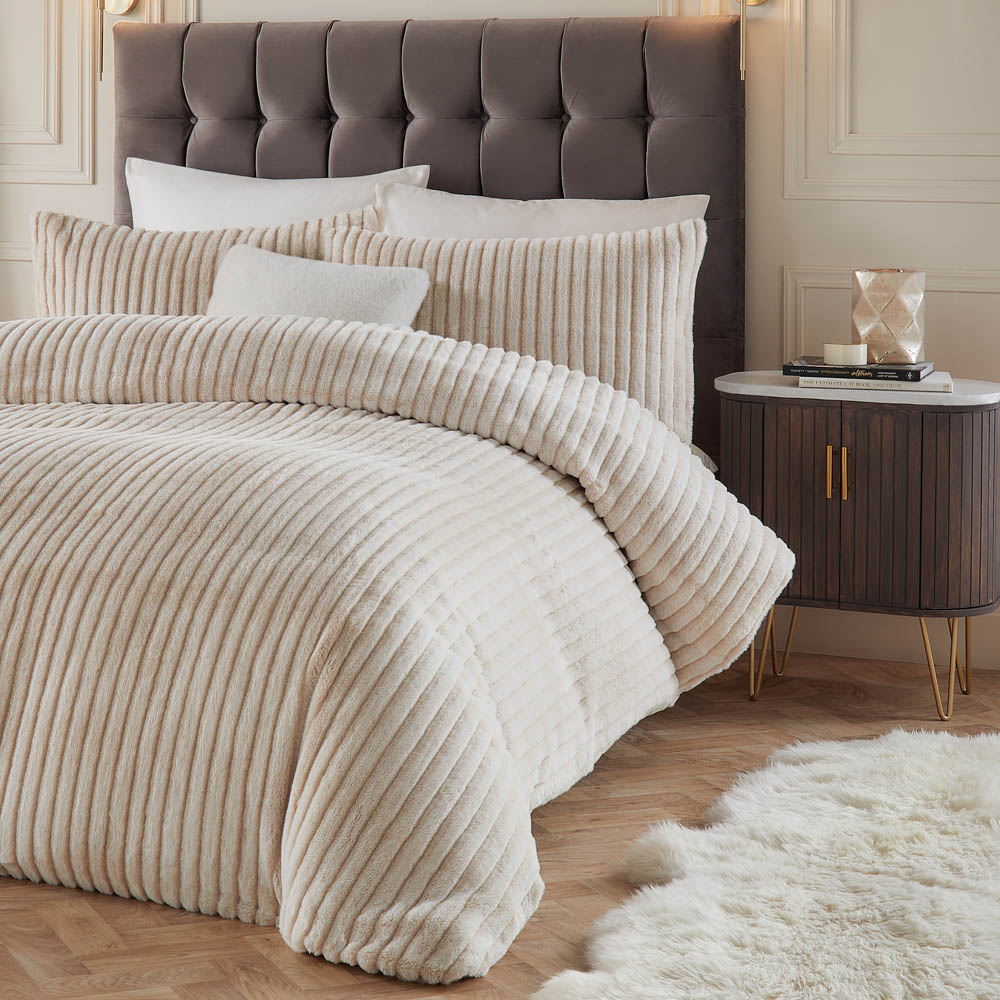Paoletti Alpine Double Champagne Striped Faux Fur Duvet Cover Set Image 3
