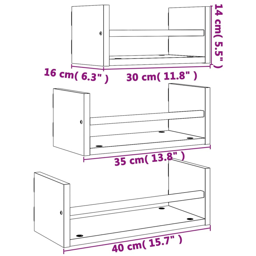 vidaXL Set of 3 Smoked Oak Wooden Wall Shelf with Bars Image 7