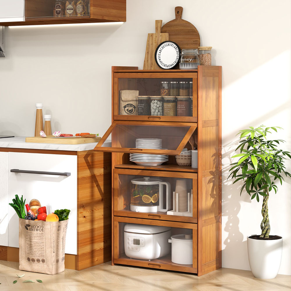 Costway 4 Shelf Brown Bamboo Bookcase with Acrylic Doors Image 5