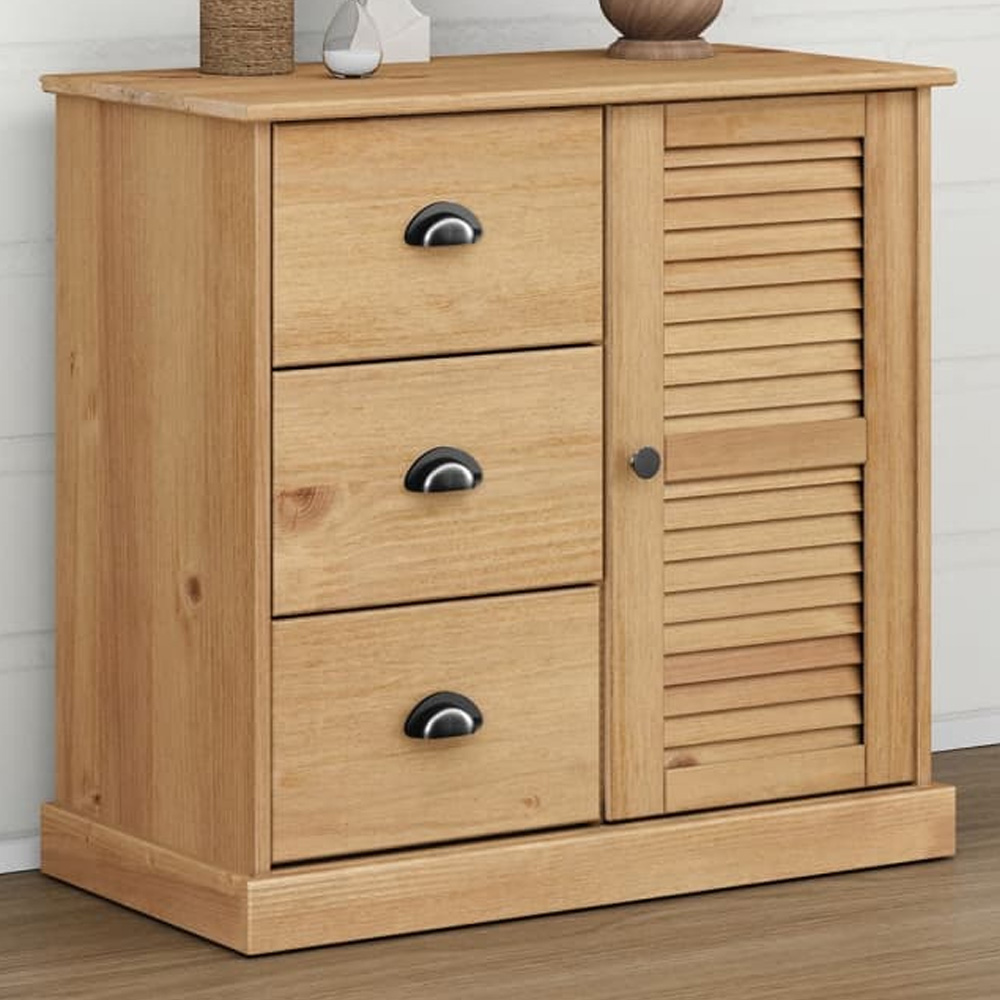 vidaXL Vigo Single Door 3 Drawer Brown Solid Pine Wood Sideboard Image 1