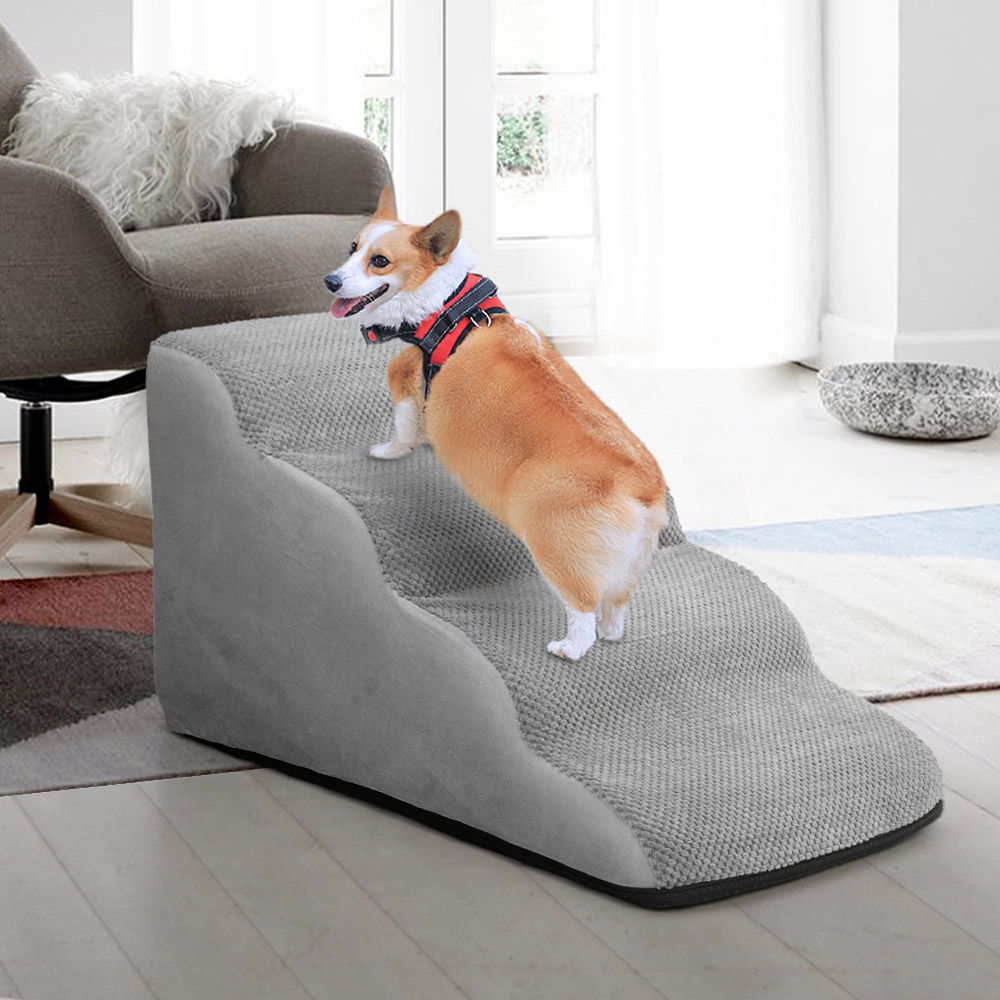 H&O Direct 4 Step Grey Corduroy Non Slip Pet Stairs Image 2