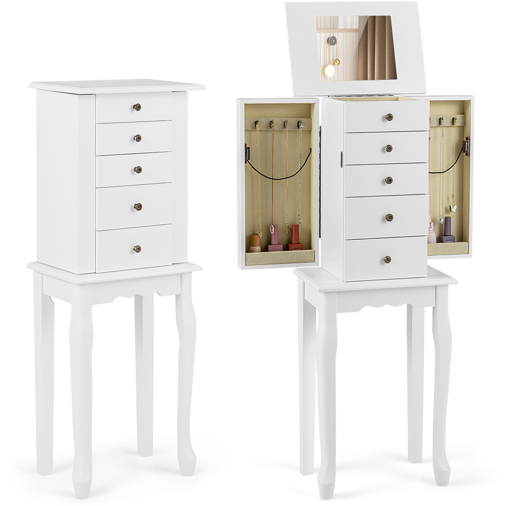 Costway 5 Drawer White Freestanding Jewellery Organizer with Flip Up Mirror Side Door Image 2