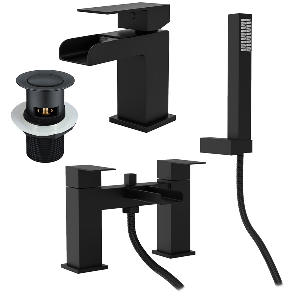Nes Home Origin Waterfall Matte Black Bath Shower Mixer Pack and Basin Mixer Tap with Waste Image 1