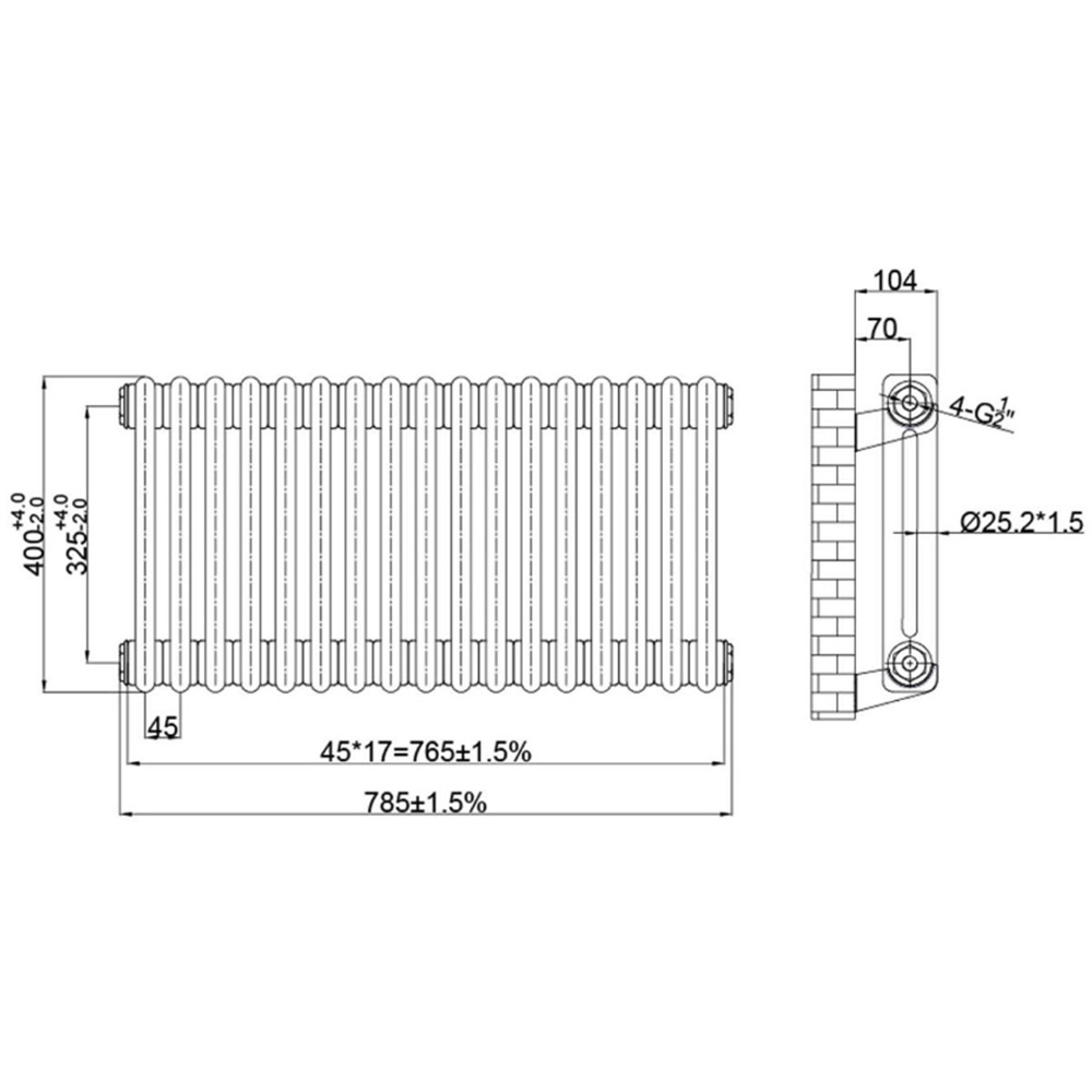 Go Bathrooms Clarence 1829 BTU 2 Column 17 Sections Raw Metal Radiator 400 x 785mm Image 4