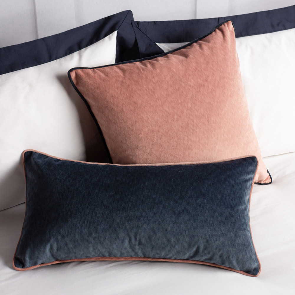 Paoletti Torto Slate Blue and Blush Velvet Touch Piped Cushion Image 4