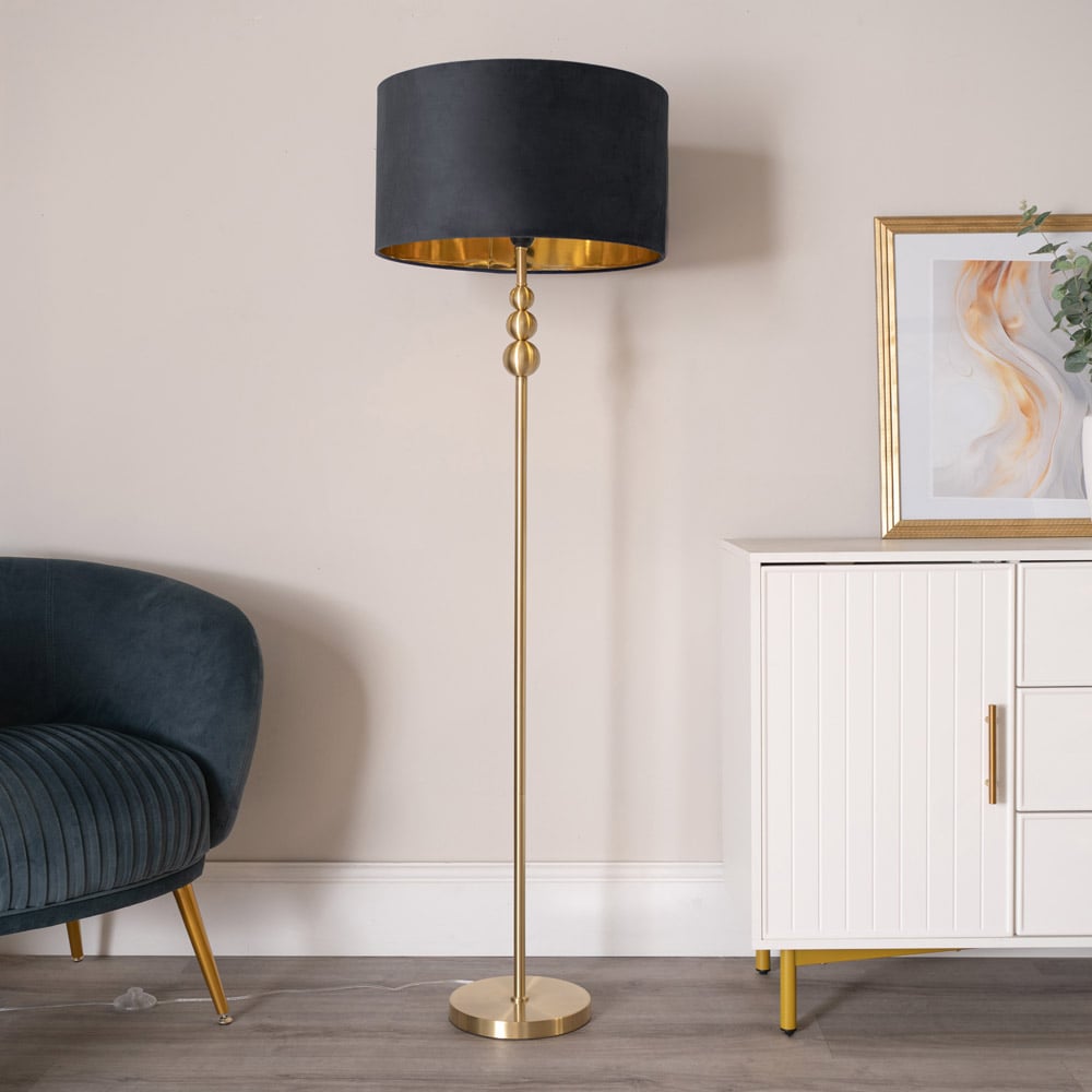 ValueLight Marissa Black Velvet Gold Inner Shade Gold Stacked Ball LED Floor Lamp Image 2