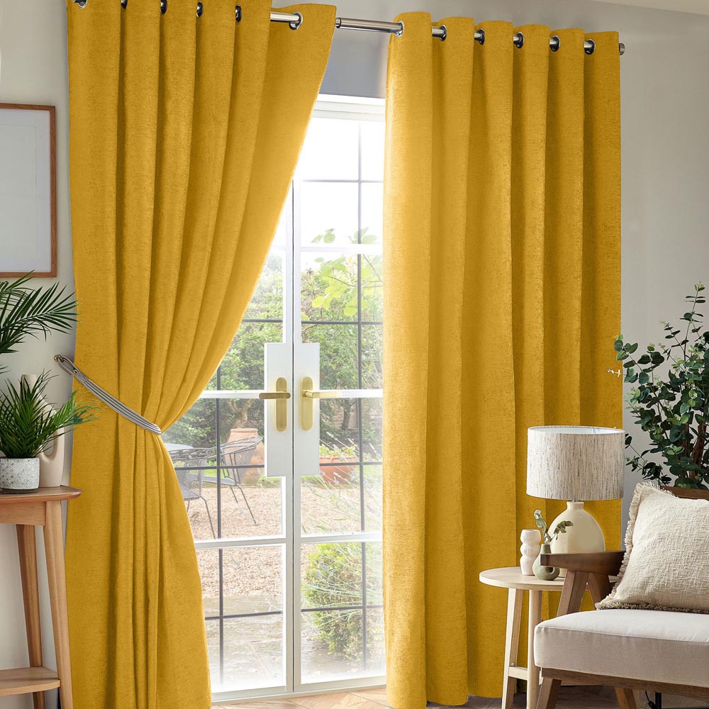 Alan Symonds Ochre Chenille Blackout Ring Top Eyelet Curtains 229 x 229cm Image 1