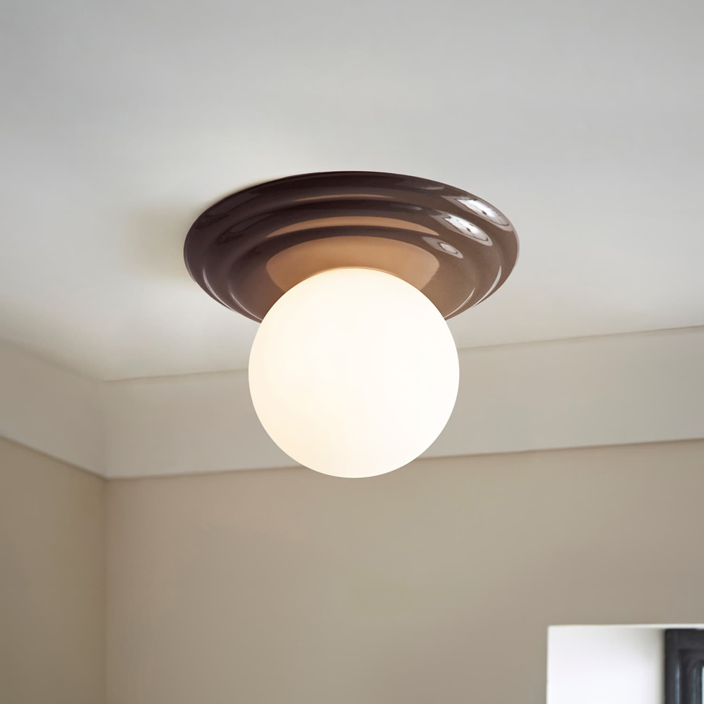 ValueLights Rue Frosted Glass Shade Chocolate Ribbed Ceramic Base Flush Ceiling Light with Bulb Image 5