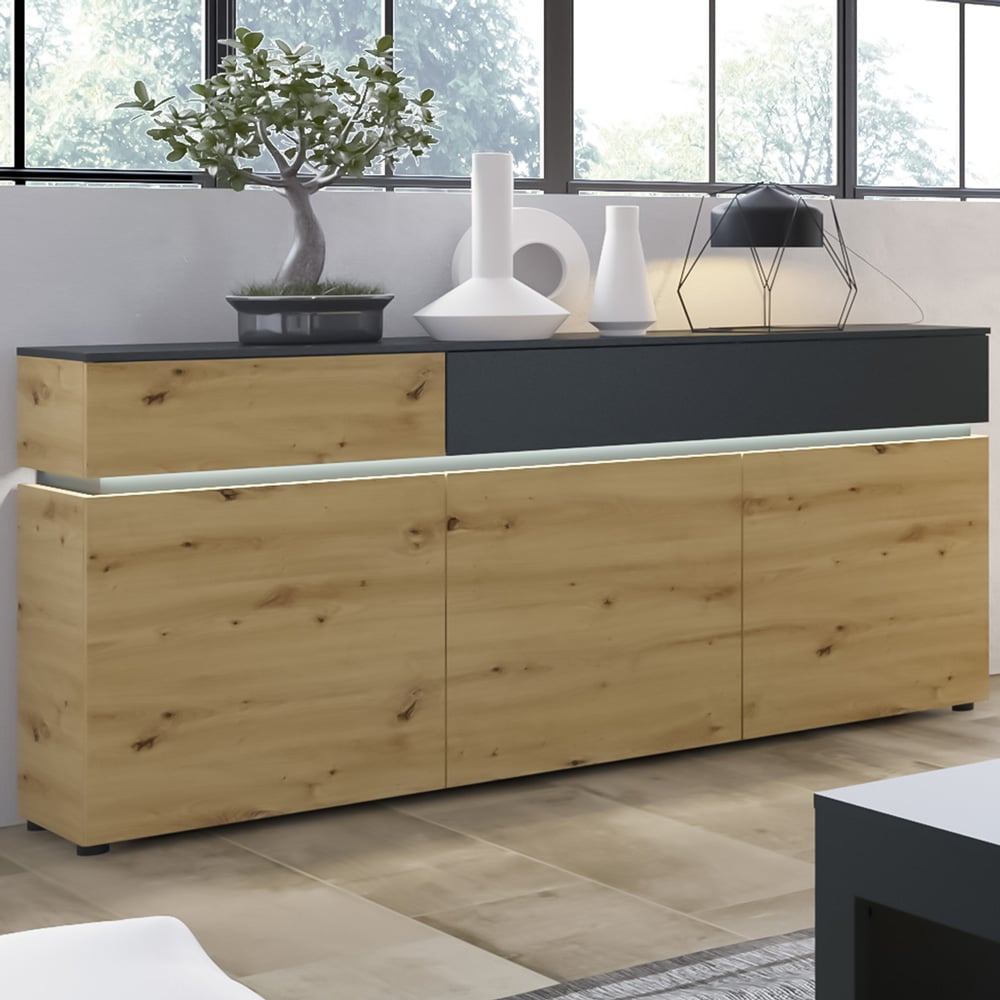 Florence Luci 3 Door 2 Drawer Platinum and Oak Sideboard with LED Lighting Image 1