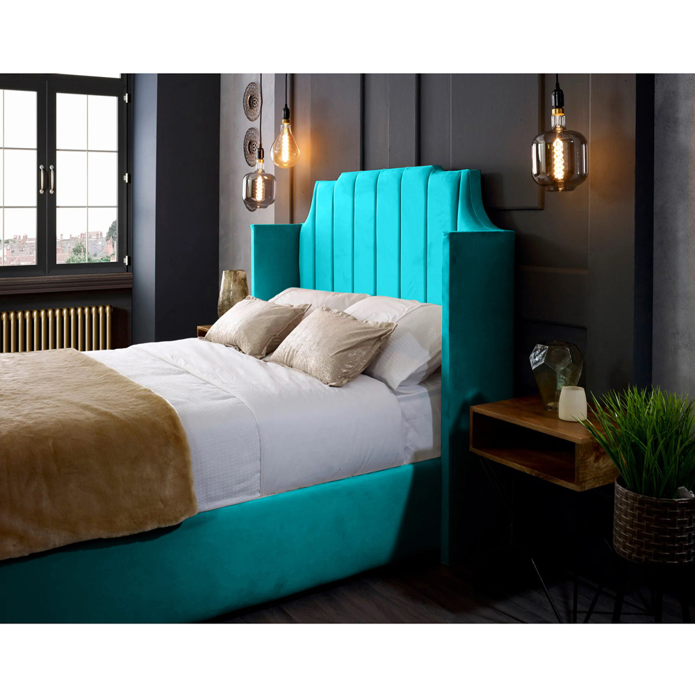 Eleganza Home Nelly King Size Teal Plush Velvet Bed Frame with Winged Headboard Image 2