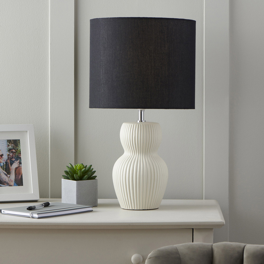 Wilko White Ribbed Lamp With Black Shade Image 2