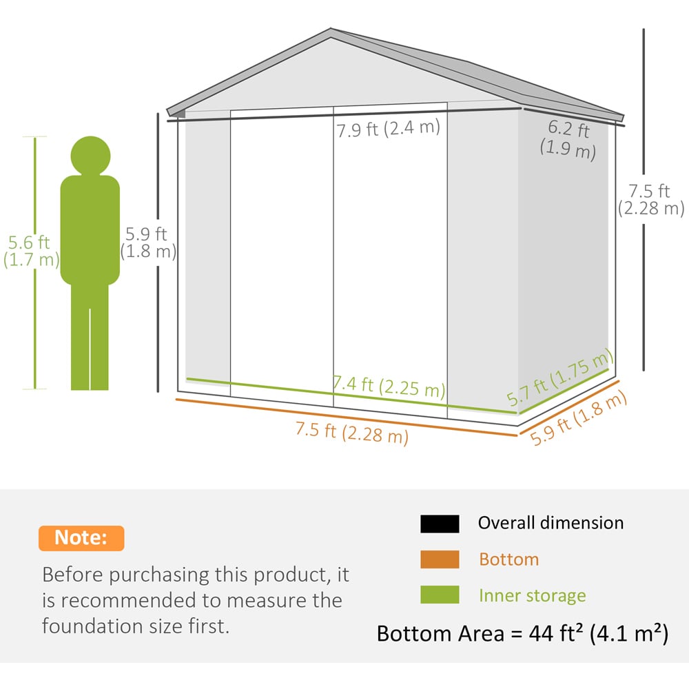 Outsunny 8 x 6ft Grey Apex Garden Shed with Foundation Kit Image 7