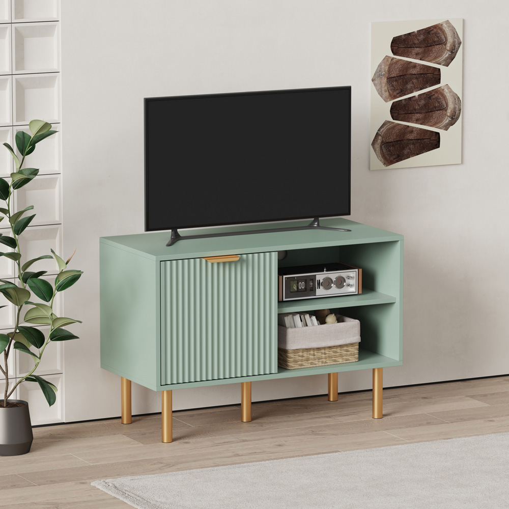 FurnitureHMD Single Door 2 Shelf Green Wave Pattern TV Unit Image 9