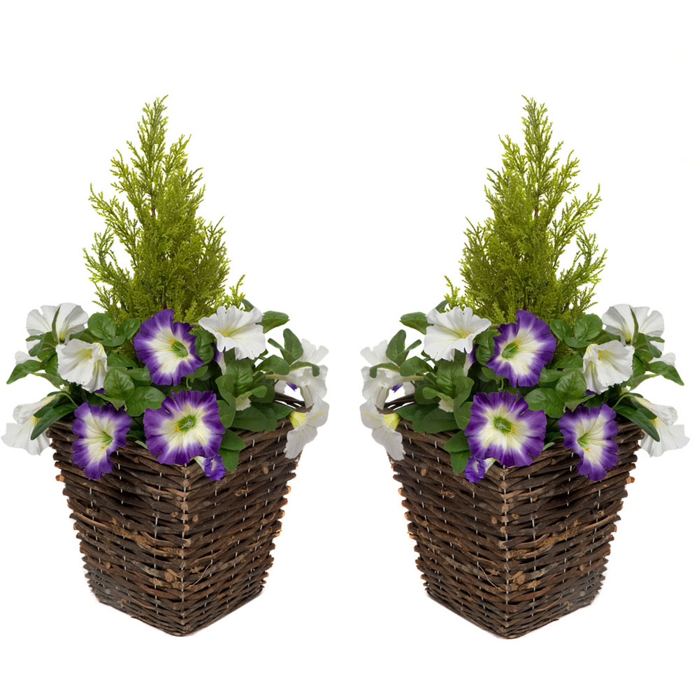 GreenBrokers Artificial Purple and White Petunias Dark Rattan Planters 60cm 2 Pack Image 1