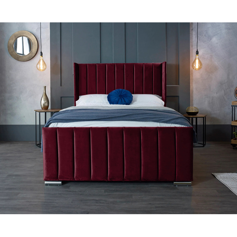 Eleganza Home Meriso King Size Maroon Plush Velvet Bed Frame with Winged Headboard Image 4