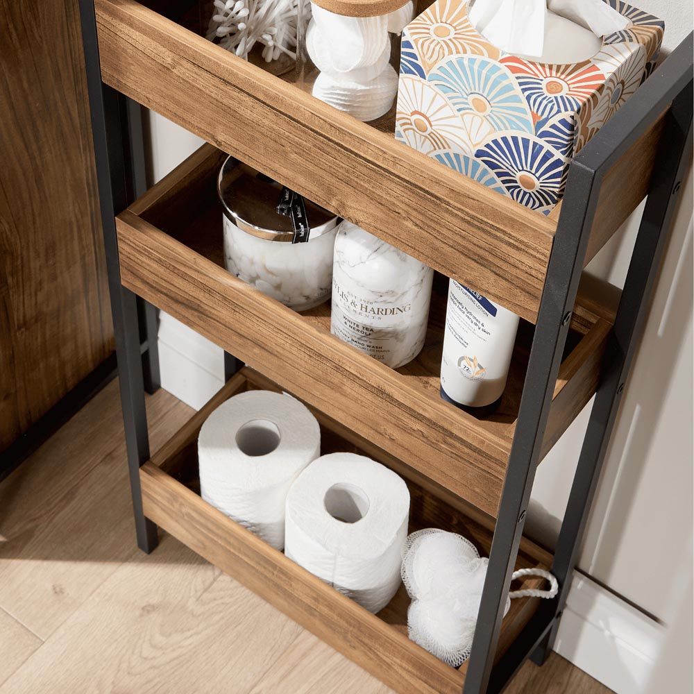 Home Source Locastra 3 Shelf Oak and Black Bathroom Storage Unit Image 3
