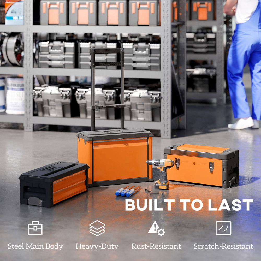 HOMCOM 3 Tier Orange Stackable Steel Tool Box with Wheels Image 8