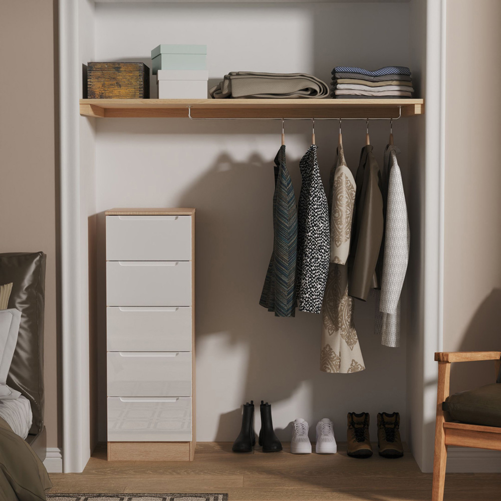 Crowndale Milan 5 Drawer White Gloss and Bardolino Oak Tall Bedside Cabinet Ready Assembled Image 7