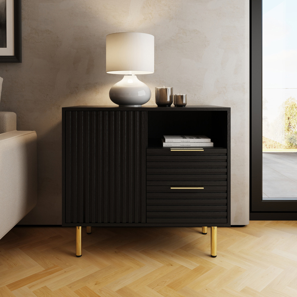 GFW Nervata Single Door 2 Drawer Single Shelf Black and Gold Ribbed Compact Sideboard Image 8