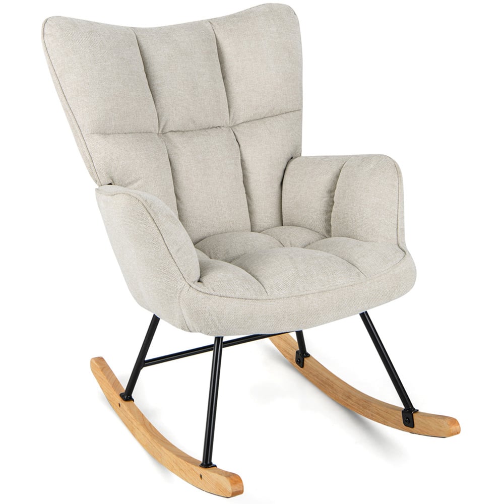 Costway Beige Linen High Backrest Nursery Rocking Chair Image 2
