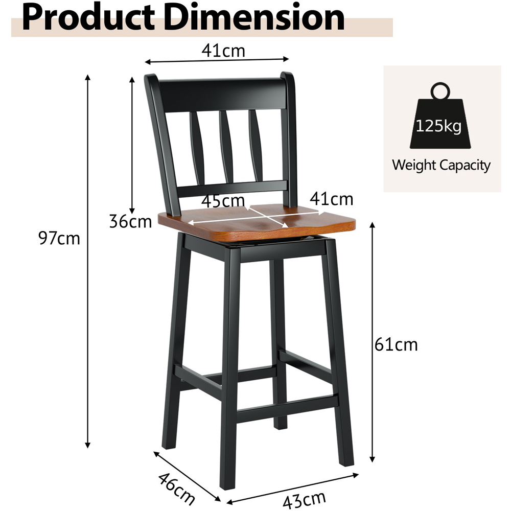 Costway Black Swivel Rubber Wood Bar Stool Set of 2 Image 7