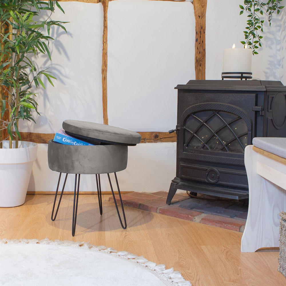 Harbour Housewares Grey and Black Velvet Round Footstool with Storage Image 7