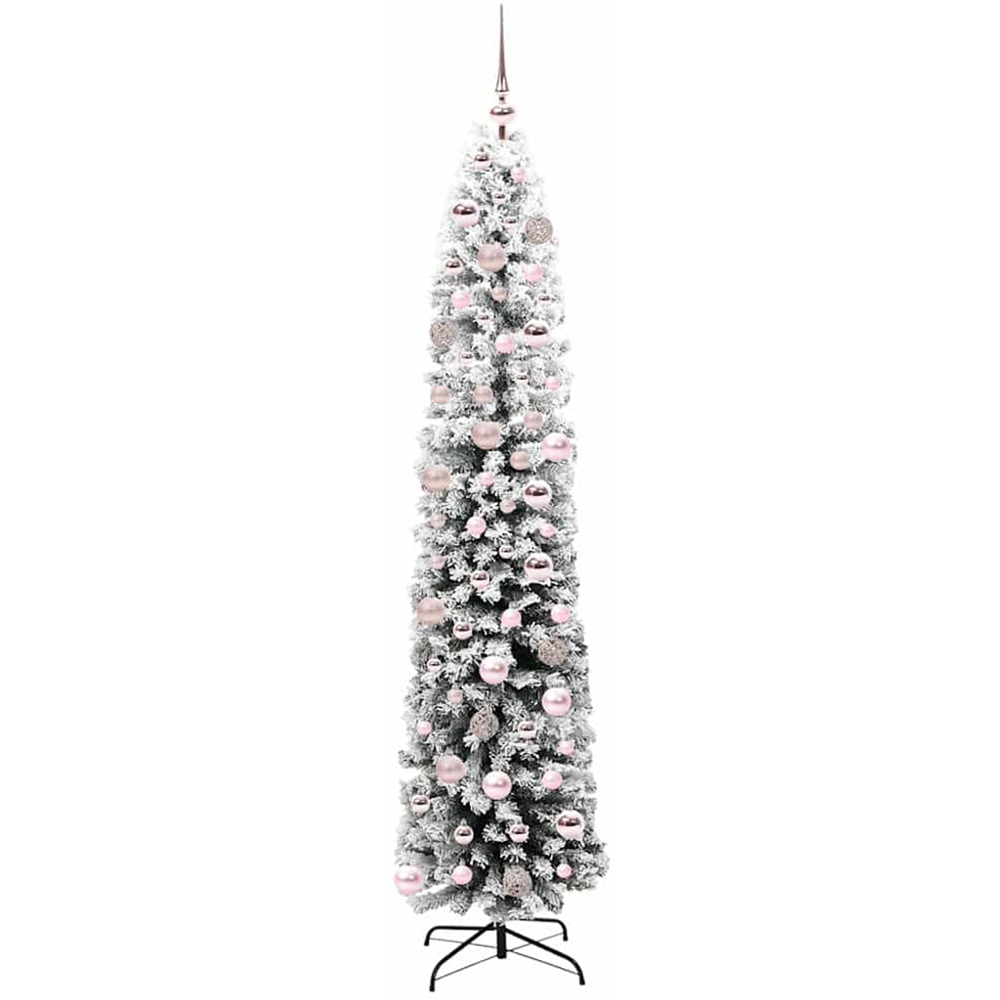 vidaXL Green Snow Flocked Artificial Christmas Tree with LEDs Pink Decoration Ornaments 6ft Image 5