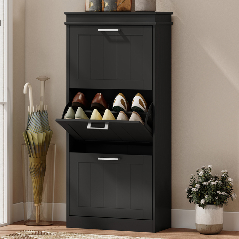 Portland 3 Flip Drawer Black Slim Shoe Storage Cabinet Image 1