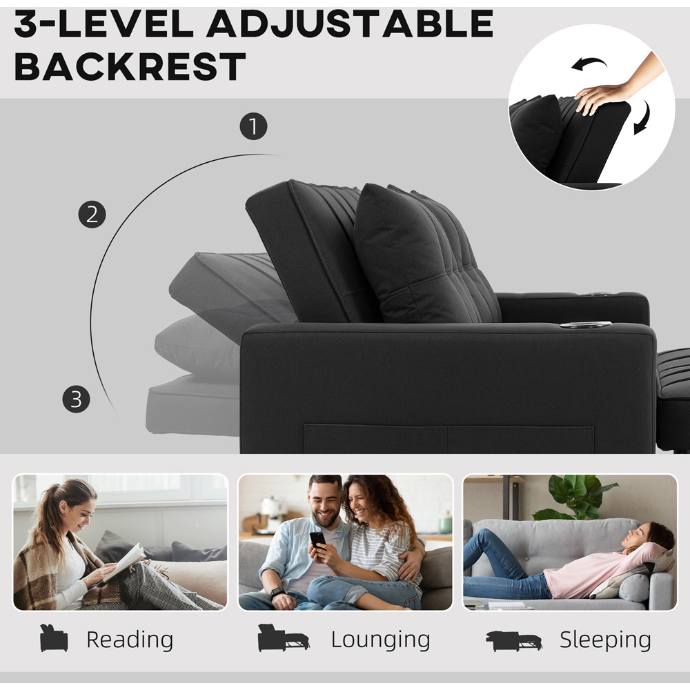 Portland 2 Seater Black Pull Out Sofa Bed with Adjustable Backrest and Pockets Image 8