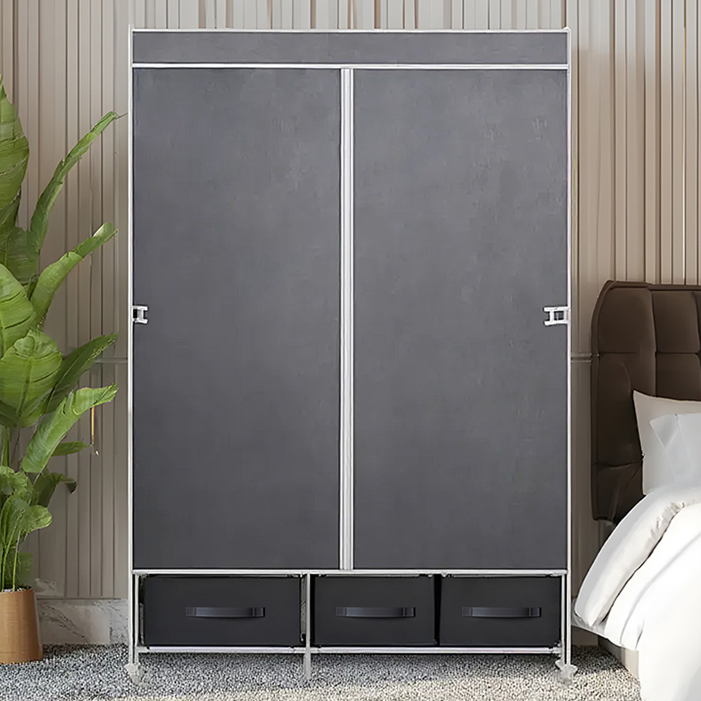 Living and Home 3 Drawer Silver Portable Non Woven Fabric Wardrobe Image 1