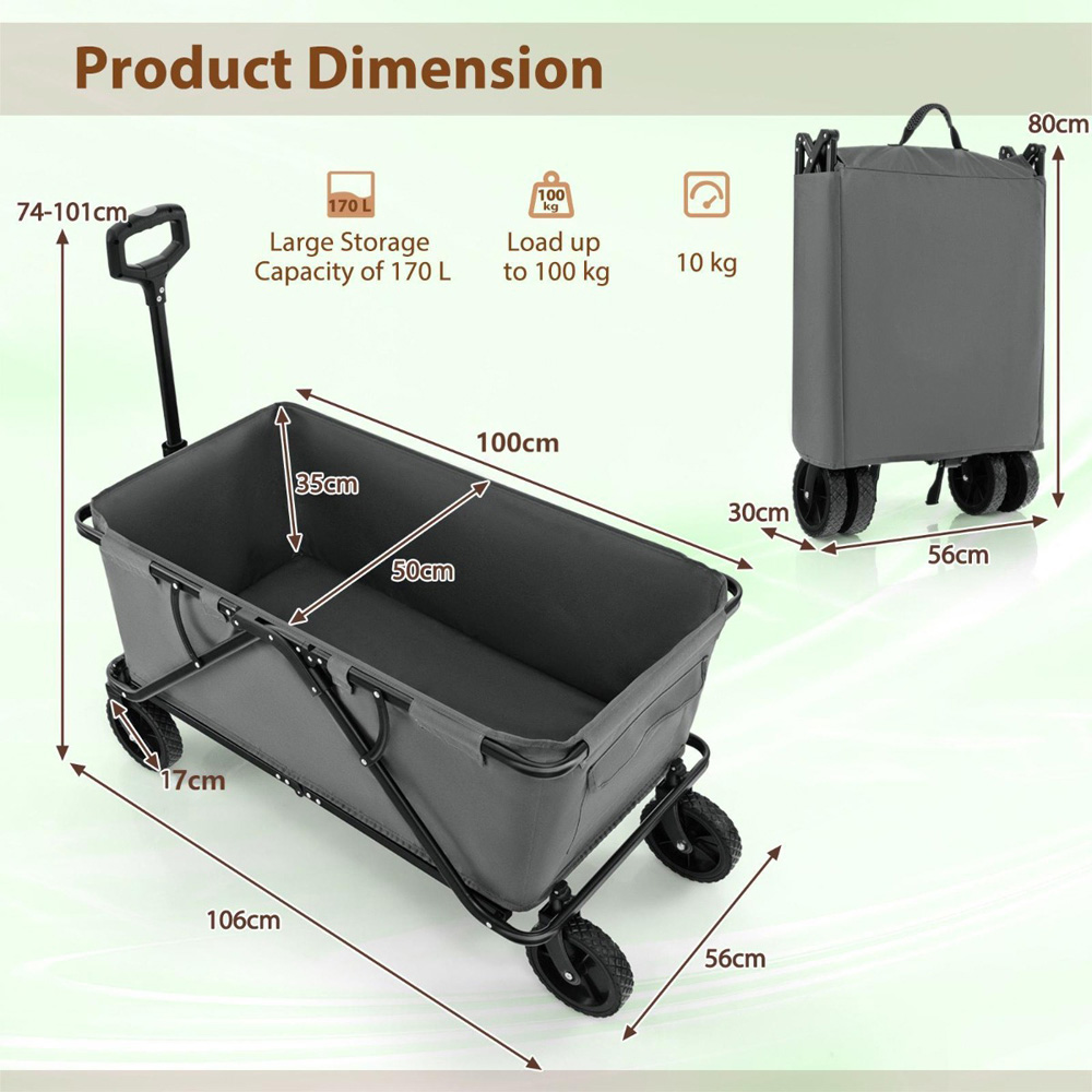 Costway Grey Collapsible Foldable Wagon Cart with Adjustable Handlebar Image 9