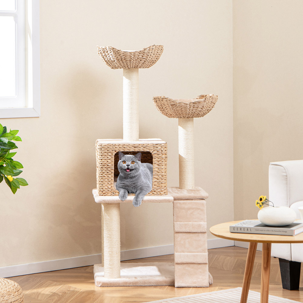 Costway 4 Tier Beige Cattail Cat Tree with Sisal Scratching Posts 122cm Image 3
