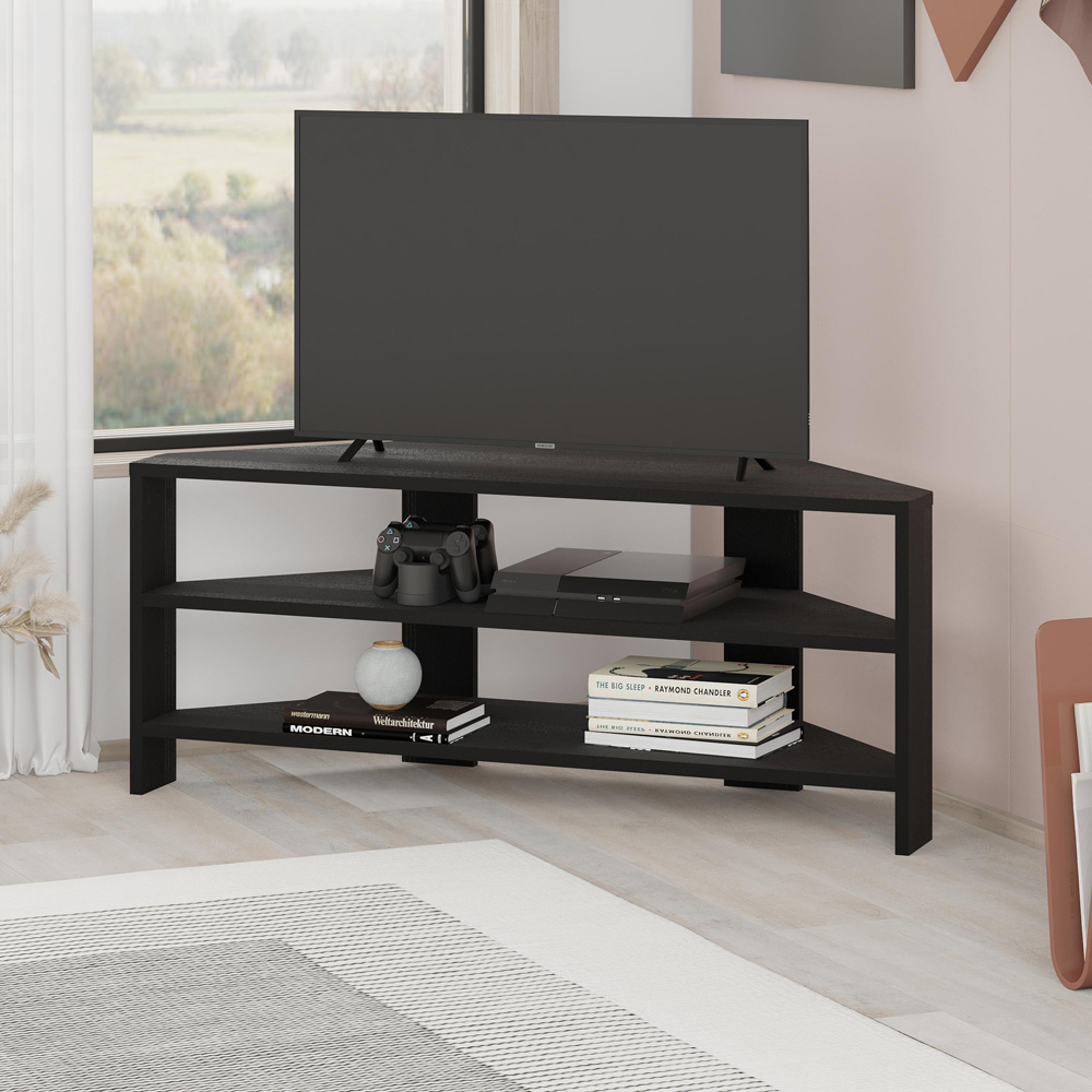 Decortie Thales 2 Shelf Black Wood Modern Corner TV Unit Image 5