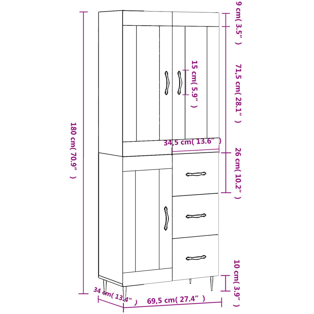vidaXL 3 Wood and Glass Door 3 Drawer Grey Sonoma Highboard with Gold Handle Image 6
