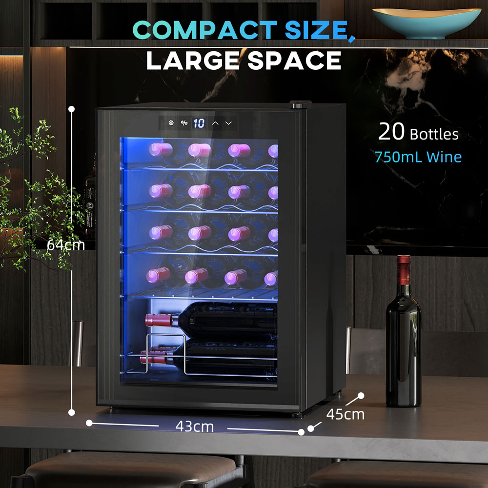 HOMCOM 800-242V70BK Black 20 Bottle Freestanding LED Wine Cooler Fridge with Glass Door Image 9