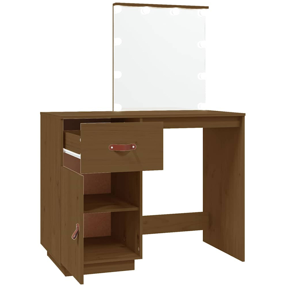 vidaXL Single Door Single Drawer Honey Brown Solid Wood Pine Dressing Table with LED Mirror Image 3