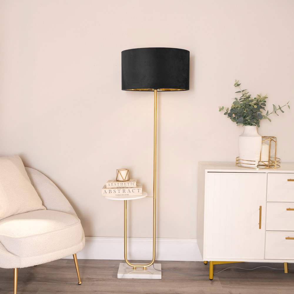 ValueLights Tavel Gold LED Floor Lamp Table with Black and Gold Velvet Lamp Shade Image 2