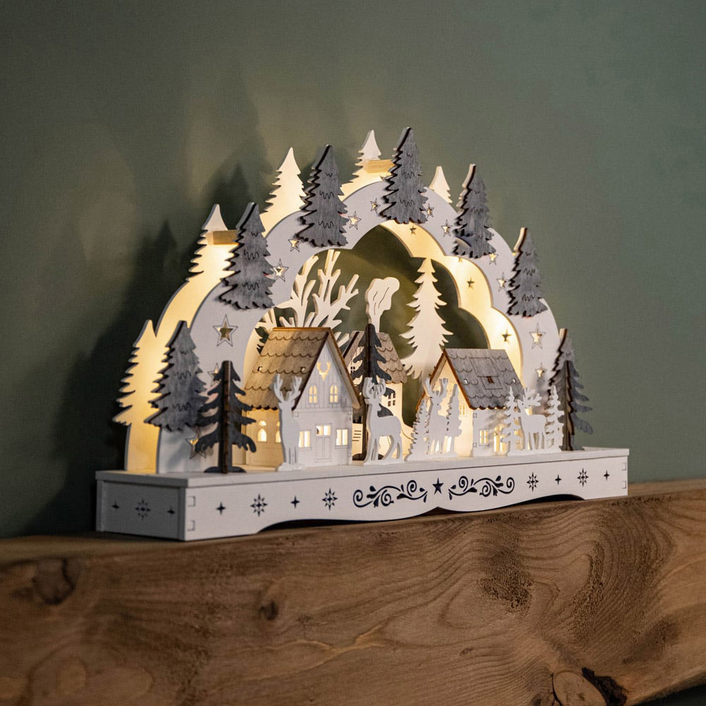 Samuel Alexander White Wooden Christmas Candle Bridge with Reindeer and Village Scene Image 3