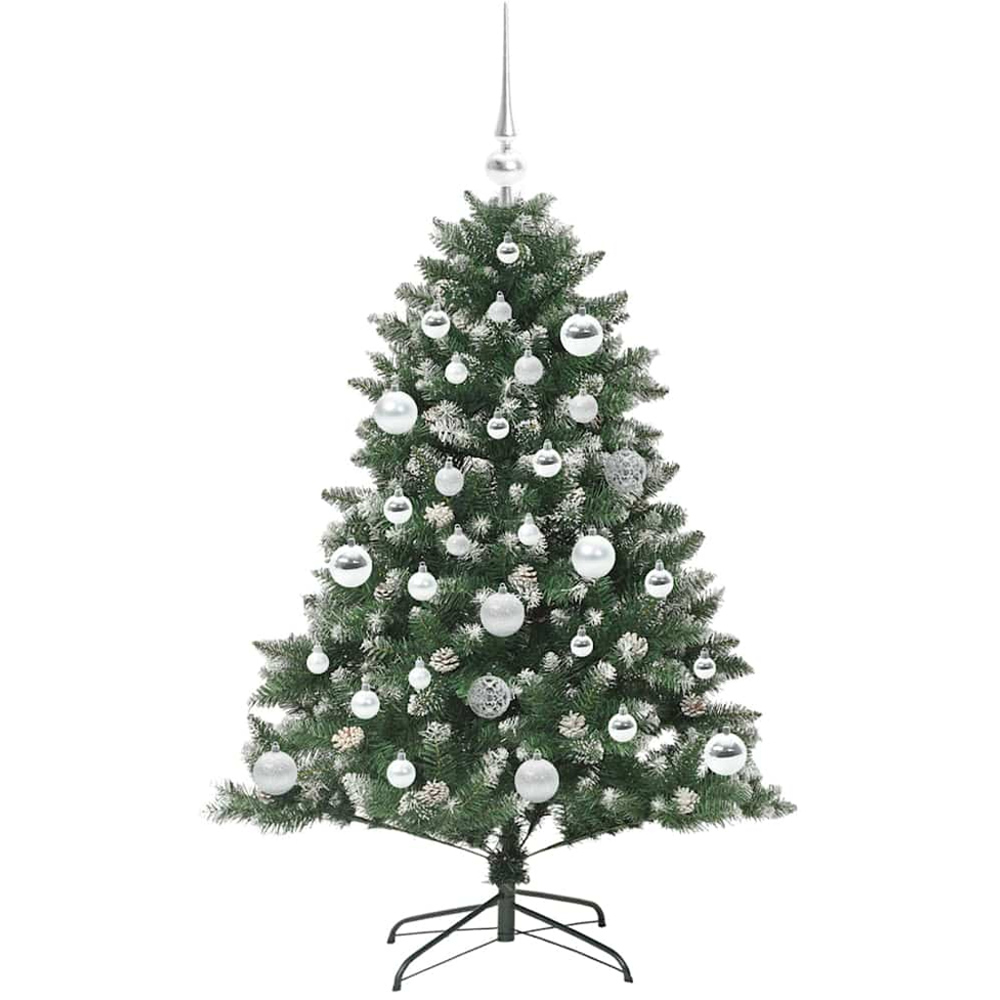vidaXL Pre-Lit Silver Bauble Pinecones Green Snow Flocked Artificial Christmas Tree 4ft Image 2