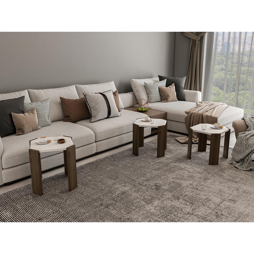 Decorotika Lori 3 Piece White and Walnut Nesting Coffee Table Image 4
