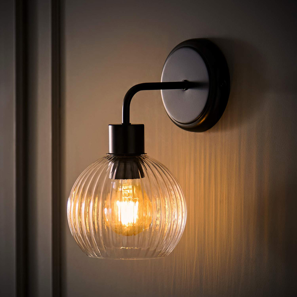 ValueLights Maddison Ribbed Glass Globe Black Metal Wall Light with Bulb Image 2