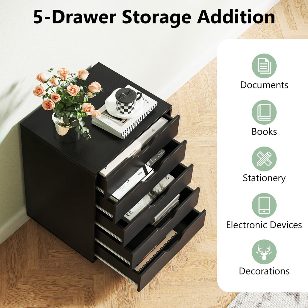 Costway 5 Drawer Black Chest of Drawers with Lockable Wheels Image 7