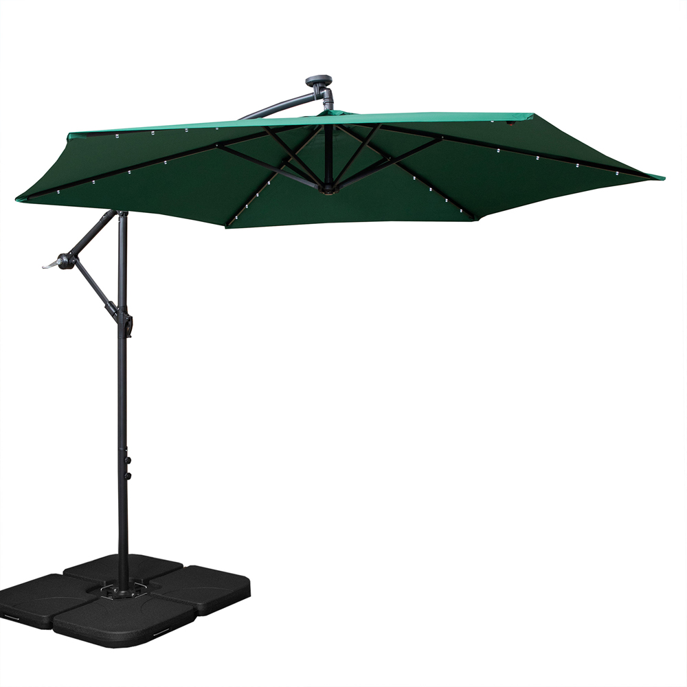 Samuel Alexander Green Solar LED Crank Banana Hanging Parasol with Base Weights 3m Image 1