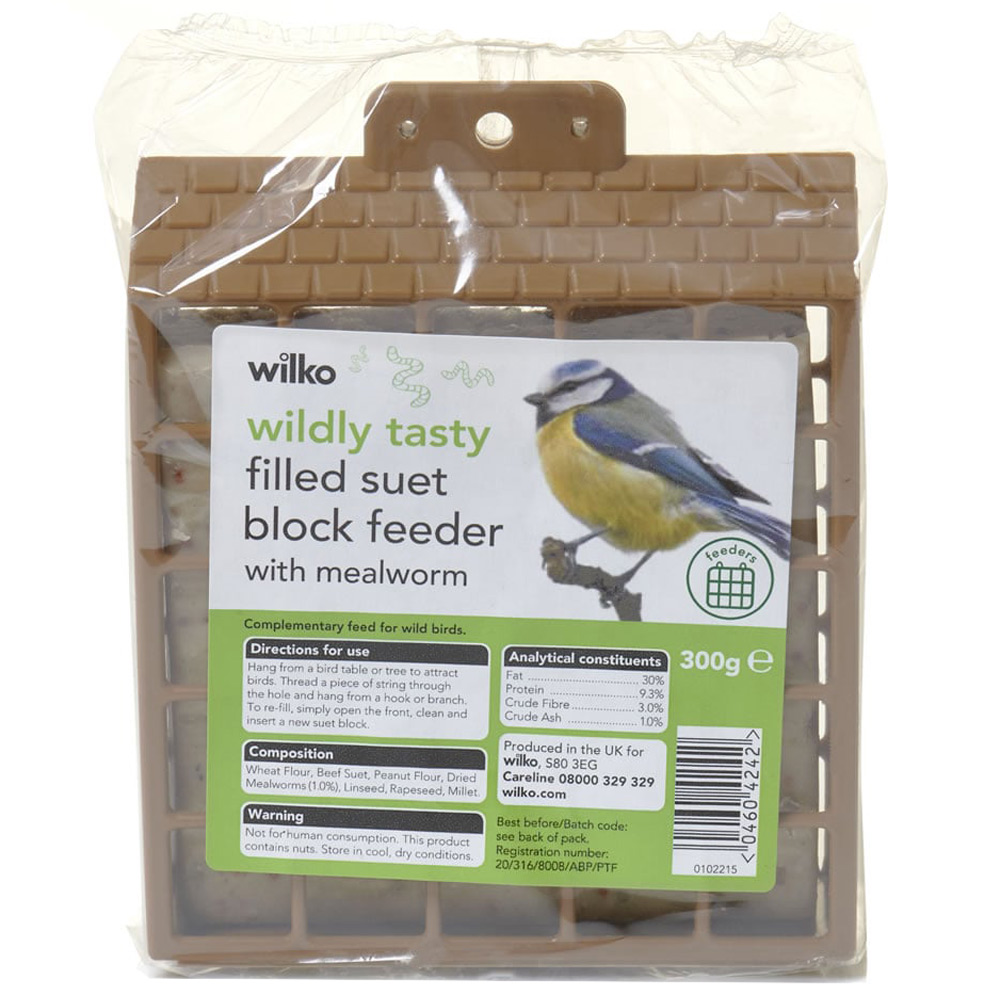 Wilko Wild Bird Filled Suet Block Feeder with Mealworm 300g Image 1