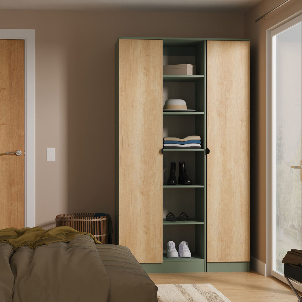 Crowndale Bora 2 Door 6 Shelf Gold Oak and Reed Green Triple Wardrobe Image 8
