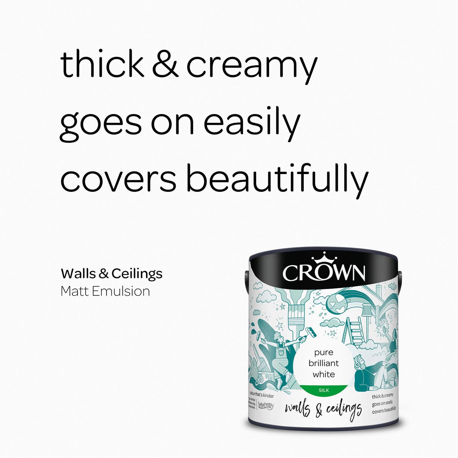 Crown Breatheasy Walls & Ceilings Pure Brilliant White Silk Emulsion Paint 2.5L Image 7