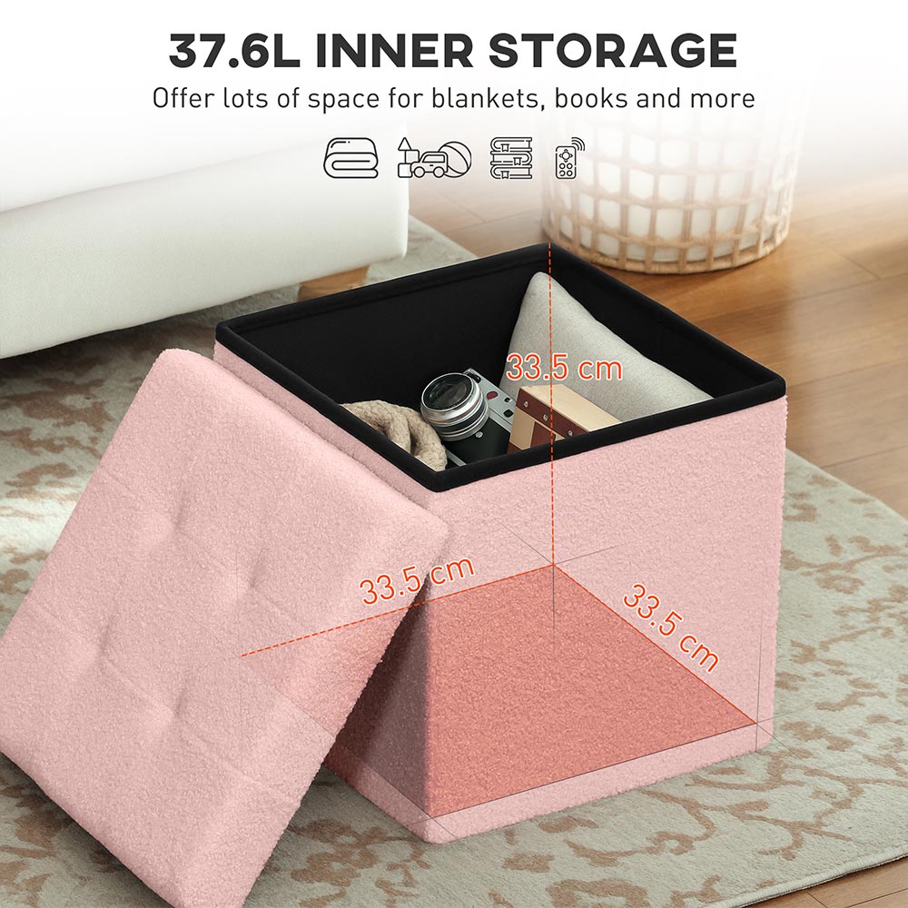 HOMCOM Pink Foldable Sherpa Fleece Storage Ottoman Seat Image 8